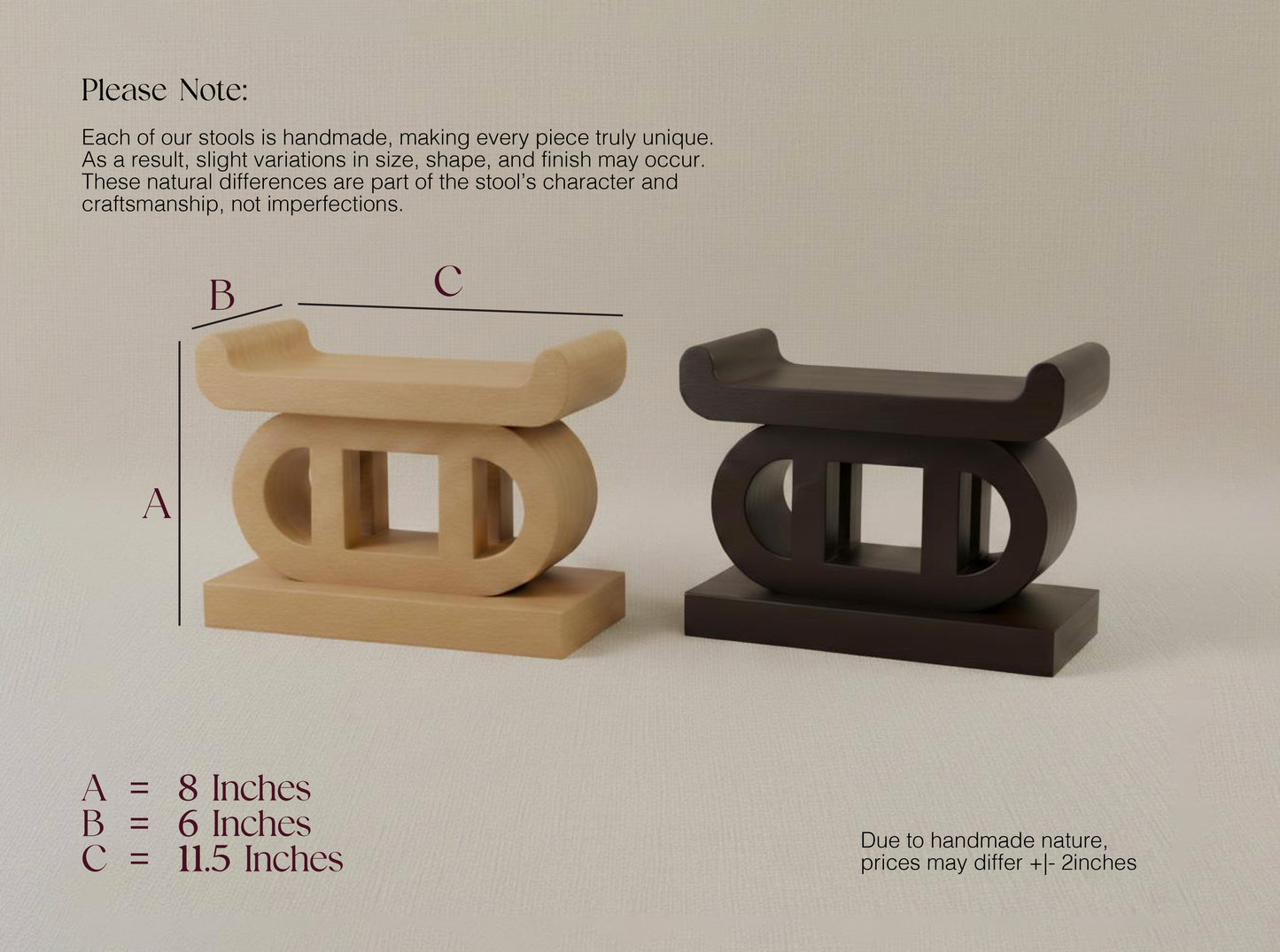 Two wooden stools, one beige and one black, on a light gray background with measurements and notes.