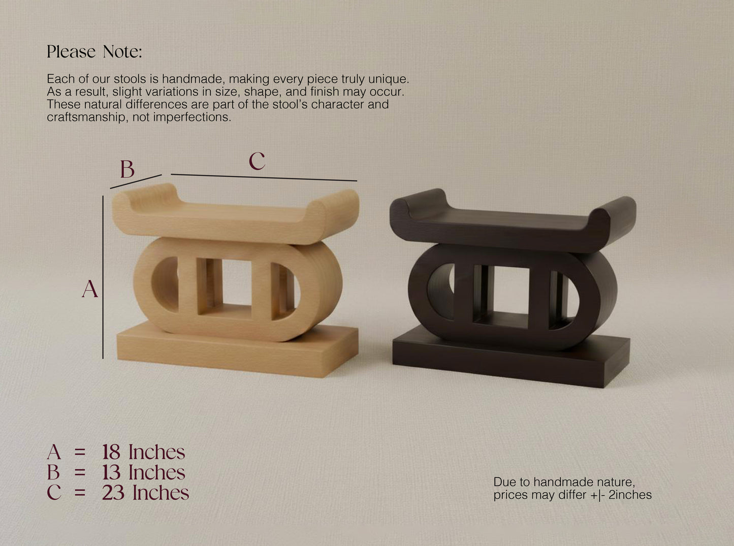 Two wooden stools, one beige and one black, on a light background with measurements and notes.