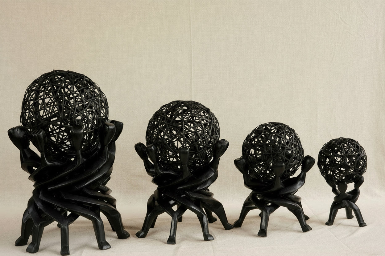 Four black decorative spheres on stands against a beige curtain background