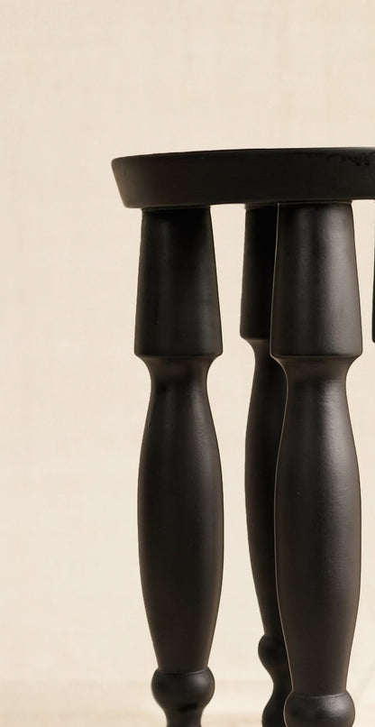 Close-up of a black stool with wooden legs on a beige background