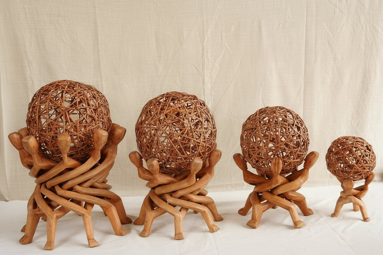 Set of four woven spherical objects on wooden stands against a neutral background